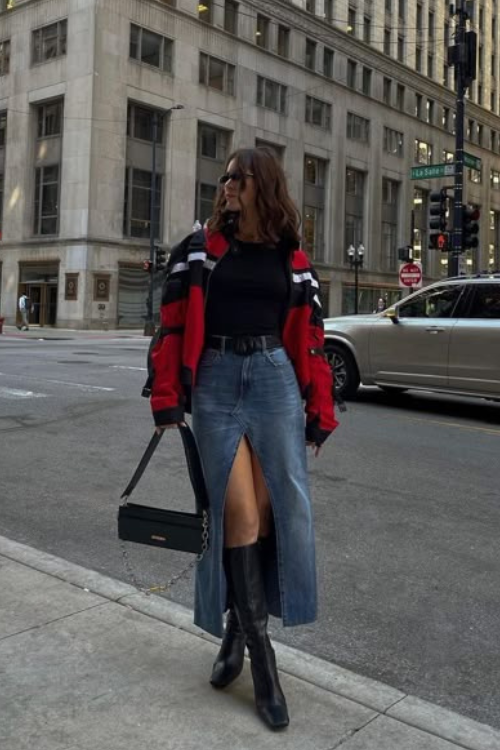 Denim skirt outfit