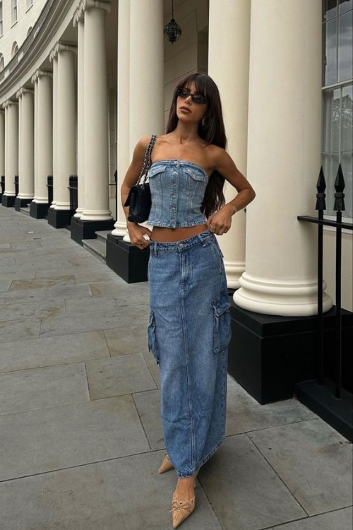 denim skirt outfit