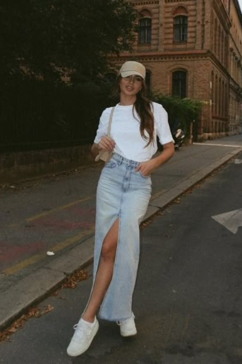 denim skirt outfit
